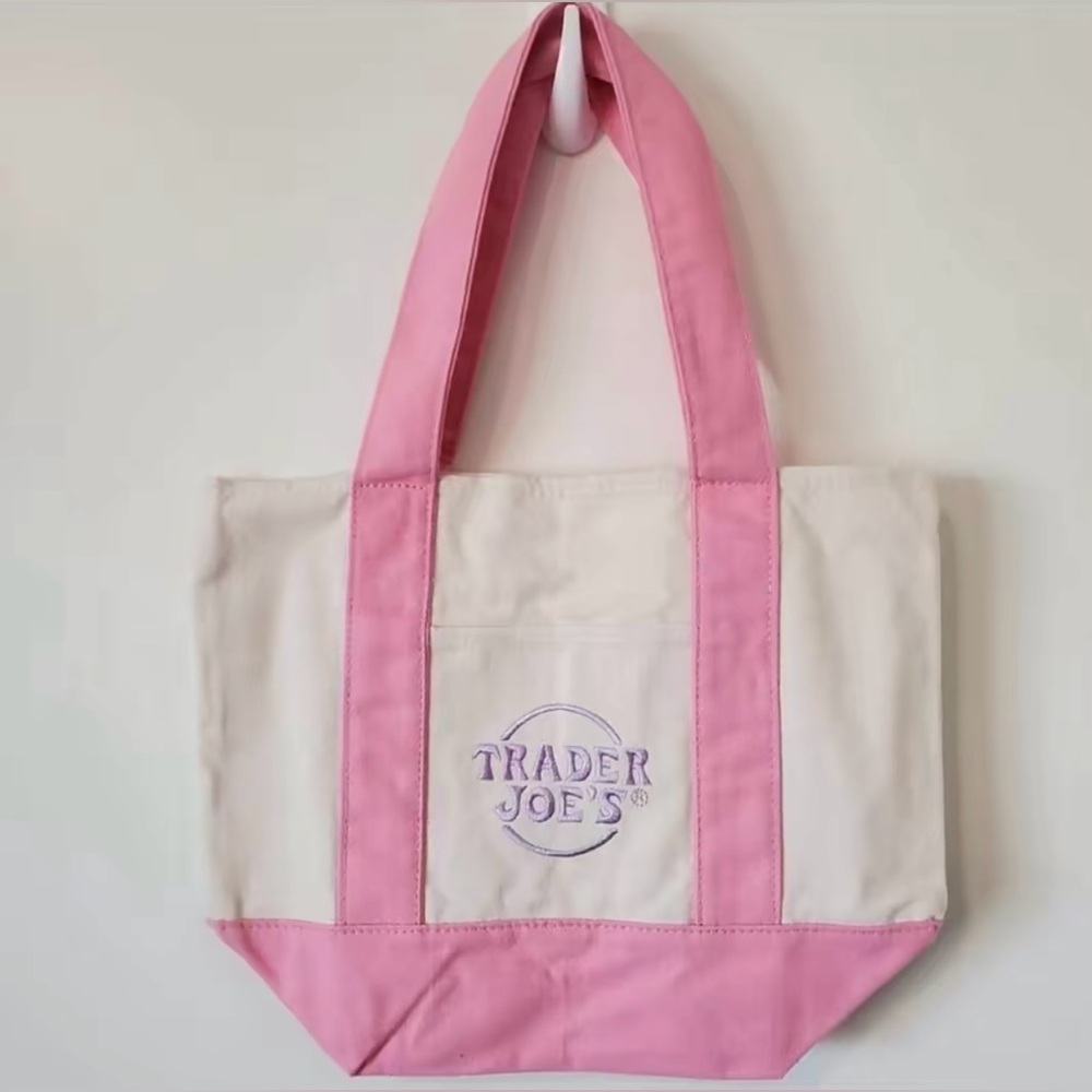 NEW Trader Joe's Mini Pastel Spring CanvasTote Bag/Purse Pink Reusable - Picture 5 of 5